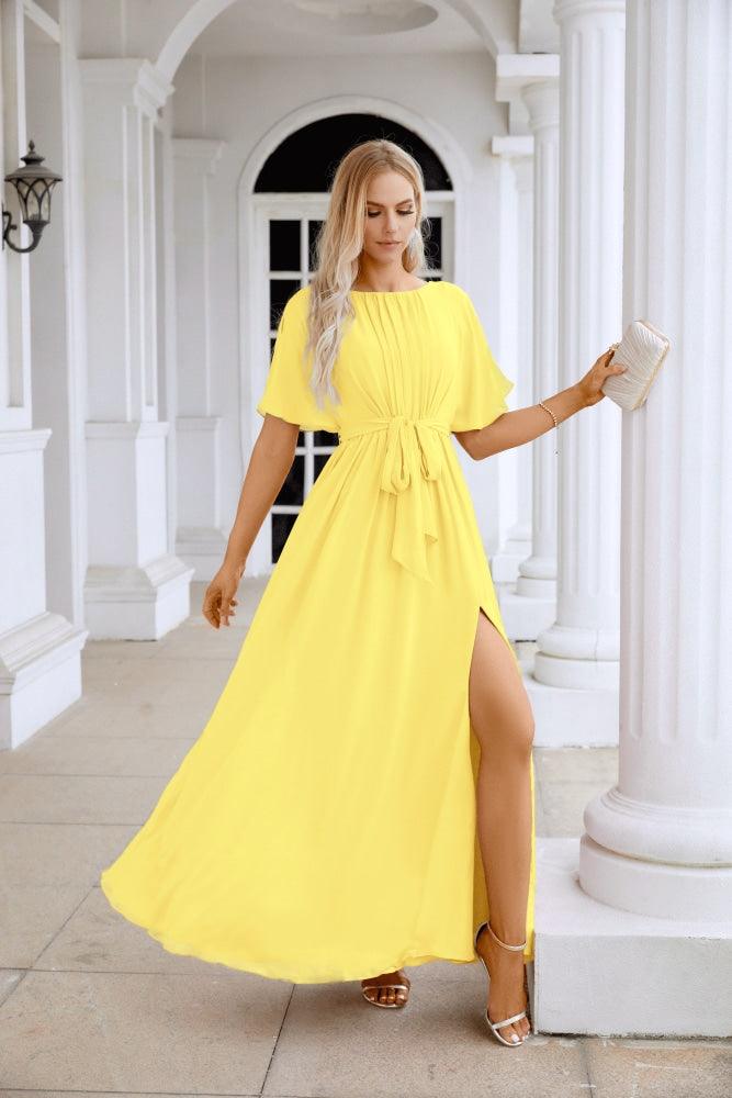 Ladies Chiffon Sleeve Crew Neck Front Slit Floor Length Bridesmaid Evening Dress Wedding Party Evening Dress 28124-numbersea
