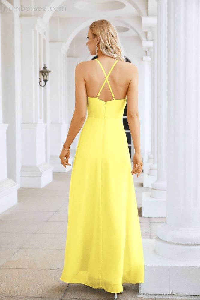 Ladies Chiffon Spaghetti Strap V Neck Front Slit Floor Length Bridesmaid Evening Dress Prom Party Wedding Evening Dress 28116-numbersea