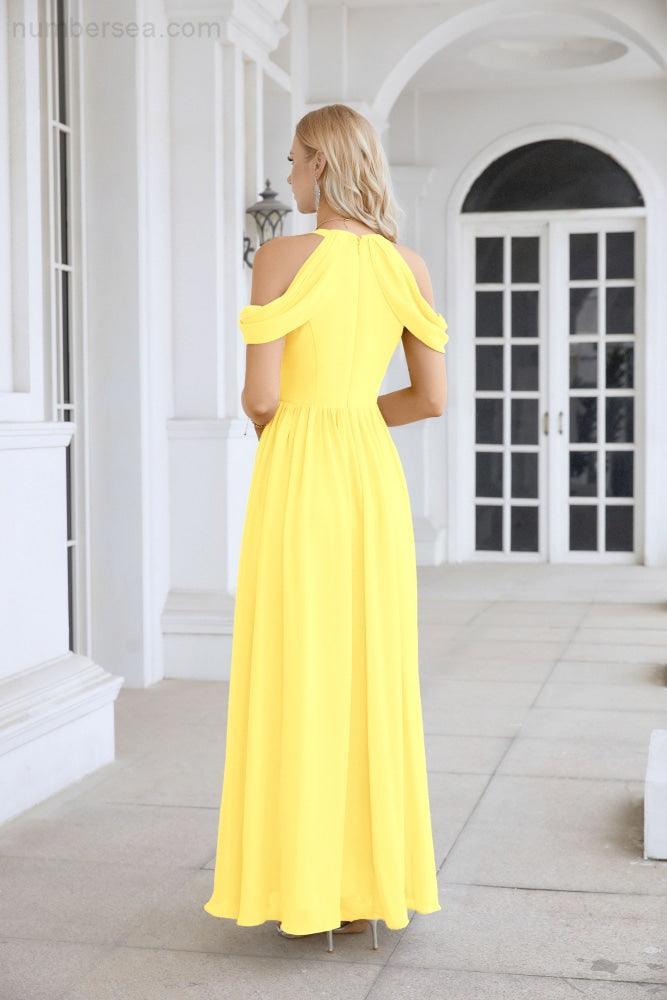 Ladies Chiffon Off Shoulder Swing Sleeve Front Slit Bridesmaid Evening Dress Wedding Party Evening Dress 28117-numbersea