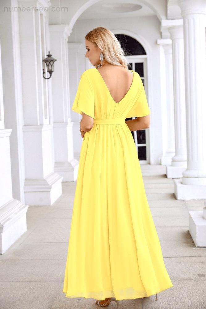 Ladies Chiffon Sleeve Crew Neck Front Slit Floor Length Bridesmaid Evening Dress Wedding Party Evening Dress 28124-numbersea