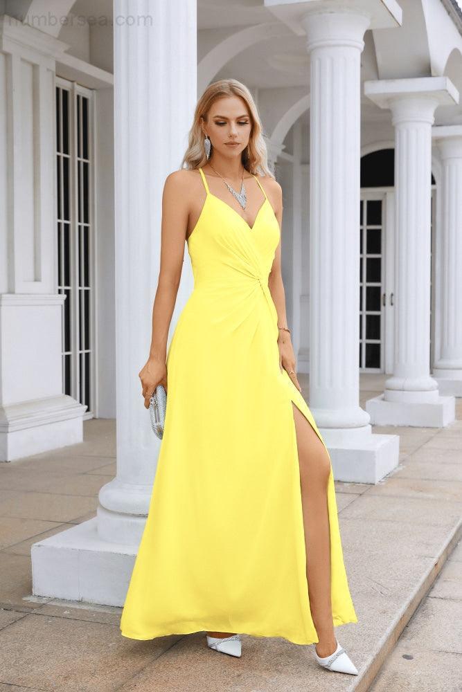 Ladies Chiffon Spaghetti Strap V Neck Front Slit Floor Length Bridesmaid Evening Dress Prom Party Wedding Evening Dress 28116-numbersea