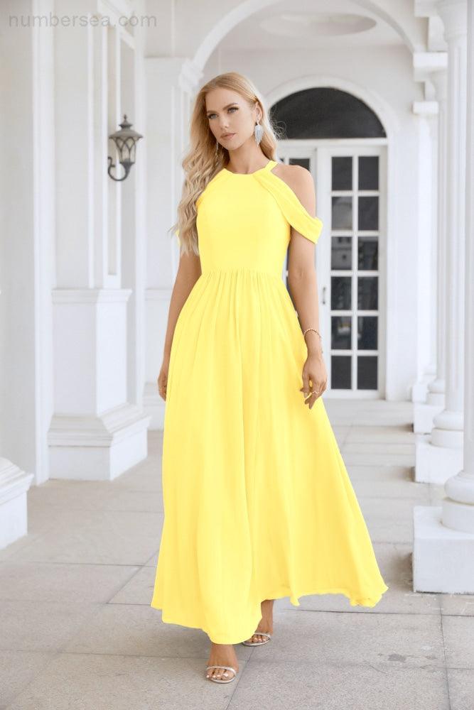 Ladies Chiffon Off Shoulder Swing Sleeve Front Slit Bridesmaid Evening Dress Wedding Party Evening Dress 28117-numbersea