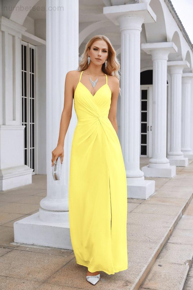 Ladies Chiffon Spaghetti Strap V Neck Front Slit Floor Length Bridesmaid Evening Dress Prom Party Wedding Evening Dress 28116-numbersea