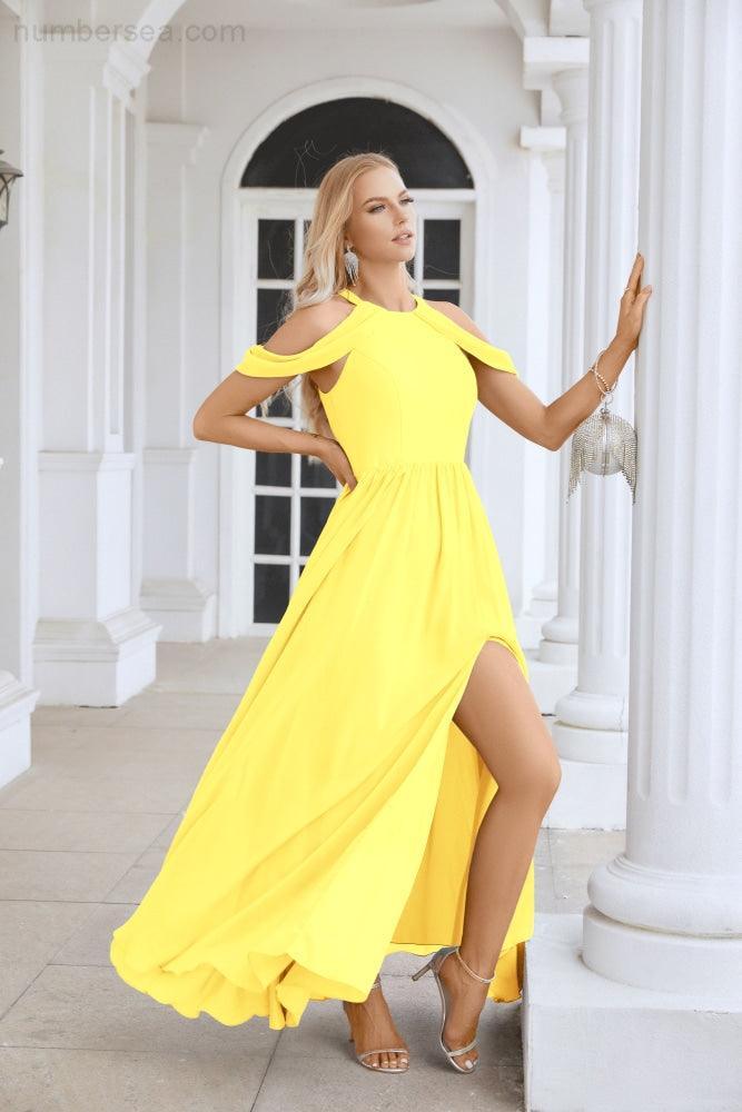 Ladies Chiffon Off Shoulder Swing Sleeve Front Slit Bridesmaid Evening Dress Wedding Party Evening Dress 28117-numbersea