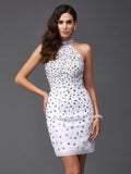 Vestidos cortos de gasa sin mangas con escote halter y escote columna con diamantes de imitación