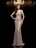 Vestidos largos con lentejuelas, sin mangas, con tirantes y abalorios