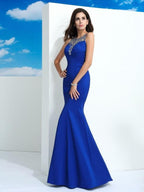 Sheath/Column Sheer Neck Beading Sleeveless Long Satin Dresses