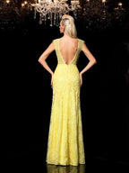 Sheath/Column Sheer Neck Lace Sleeveless Long Chiffon Dresses