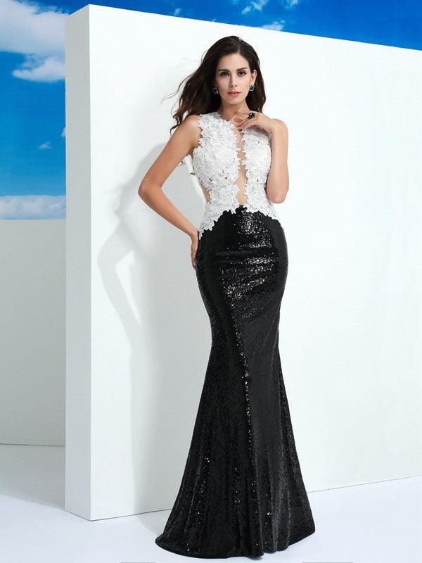 Vestidos largos de encaje sin mangas con lentejuelas y escote redondo y tubo/columna