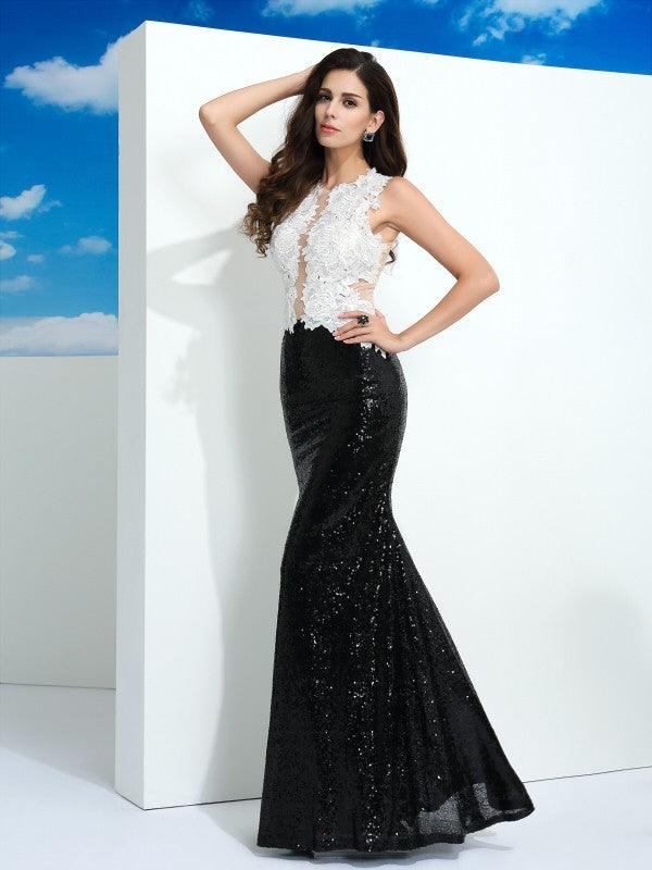 Vestidos largos de encaje sin mangas con lentejuelas y escote redondo y tubo/columna