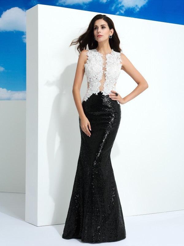 Vestidos largos de encaje sin mangas con lentejuelas y escote redondo y tubo/columna