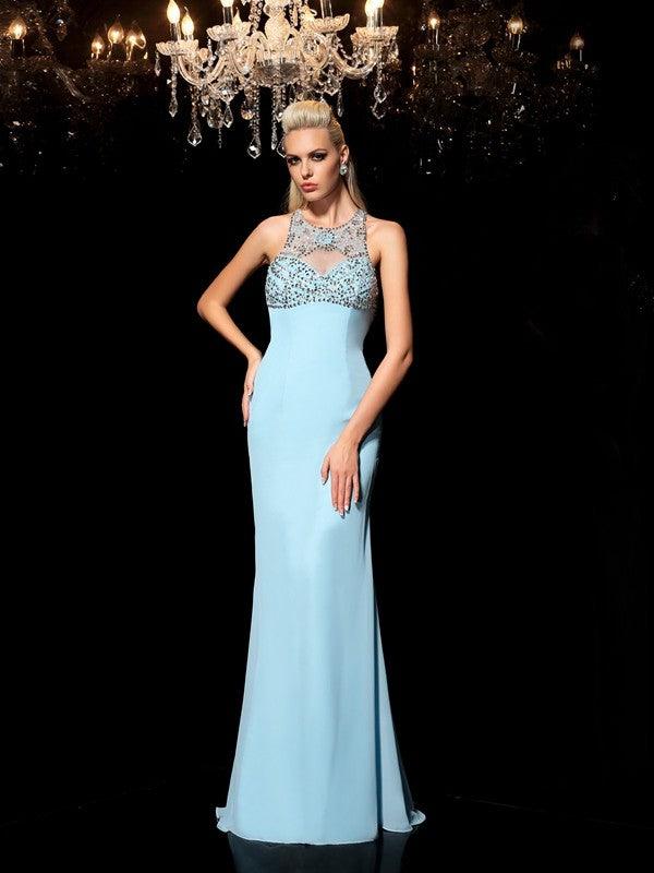Vestidos largos de gasa sin mangas con cuello transparente y cuentas de corte tubo/columna