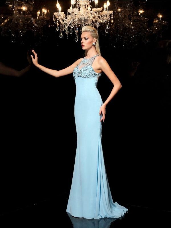 Vestidos largos de gasa sin mangas con cuello transparente y cuentas de corte tubo/columna