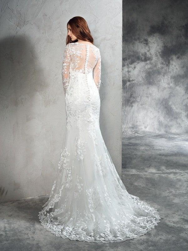 Sheath/Column Sheer Neck Lace Long Sleeves Long Net Wedding Dresses