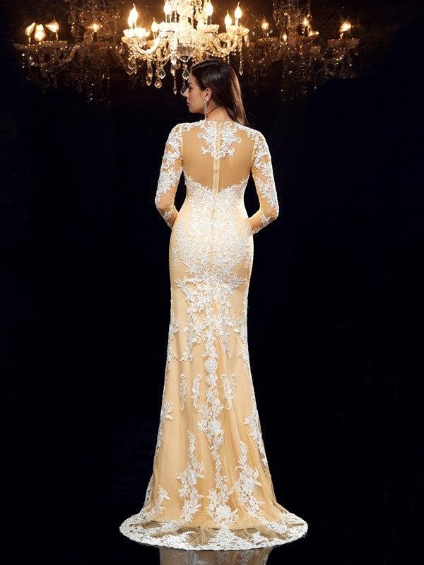 Vestidos largos de red con mangas 3/4 y cuello transparente, corte tubo/columna