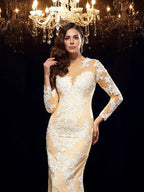 Vestidos largos de red con mangas 3/4 y cuello transparente, corte tubo/columna