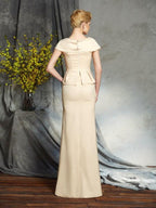 Sheath/Column V-neck Beading Short Sleeves Long Silk like Satin Mother of the Bride Dresses