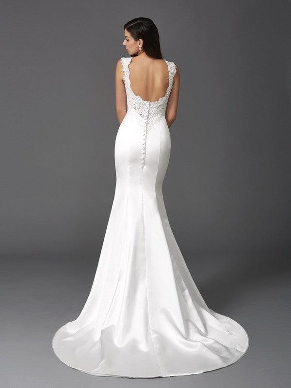 Trumpet/Mermaid Straps Beading Sleeveless Long Satin Wedding Dresses