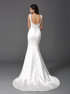 Trumpet/Mermaid Straps Beading Sleeveless Long Satin Wedding Dresses