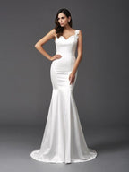 Trumpet/Mermaid Straps Beading Sleeveless Long Satin Wedding Dresses