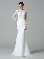 Vestidos de novia largos de gasa con mangas largas y encaje joya de corte trompeta/sirena