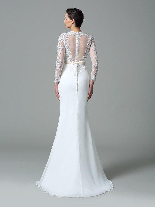 Vestidos de novia largos de gasa con mangas largas y encaje joya de corte trompeta/sirena