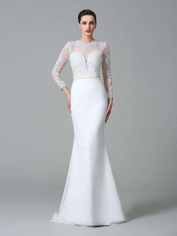 Vestidos de novia largos de gasa con mangas largas y encaje joya de corte trompeta/sirena