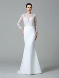 Vestidos de novia largos de gasa con mangas largas y encaje joya de corte trompeta/sirena