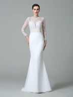 Vestidos de novia largos de gasa con mangas largas y encaje joya de corte trompeta/sirena