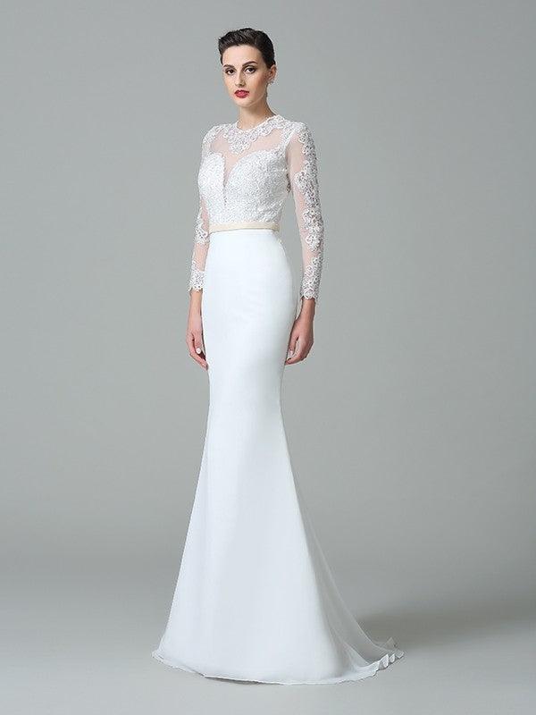 Vestidos de novia largos de gasa con mangas largas y encaje joya de corte trompeta/sirena