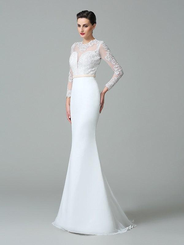 Vestidos de novia largos de gasa con mangas largas y encaje joya de corte trompeta/sirena