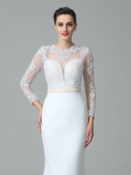 Vestidos de novia largos de gasa con mangas largas y encaje joya de corte trompeta/sirena
