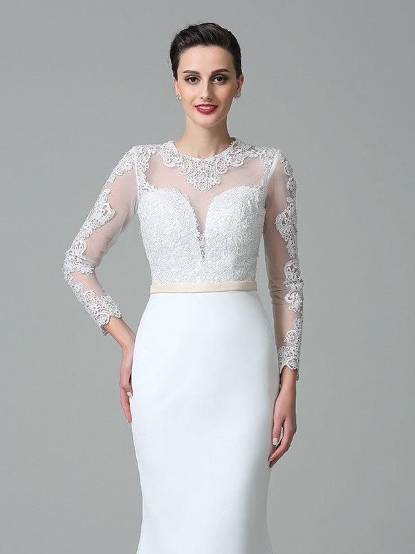 Vestidos de novia largos de gasa con mangas largas y encaje joya de corte trompeta/sirena