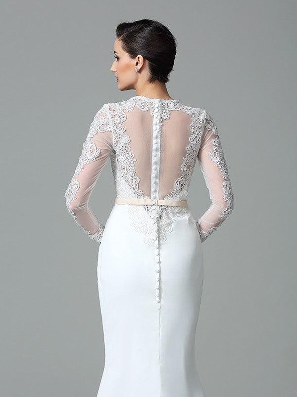 Vestidos de novia largos de gasa con mangas largas y encaje joya de corte trompeta/sirena