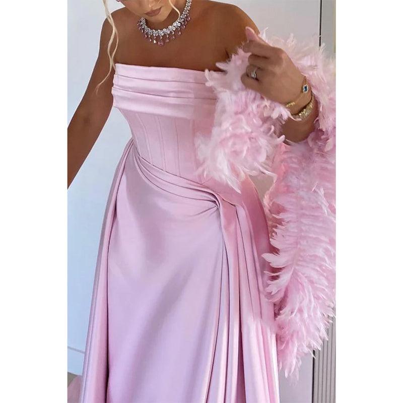 Strapless Pleats A-line with Train Party Prom Evening Dress