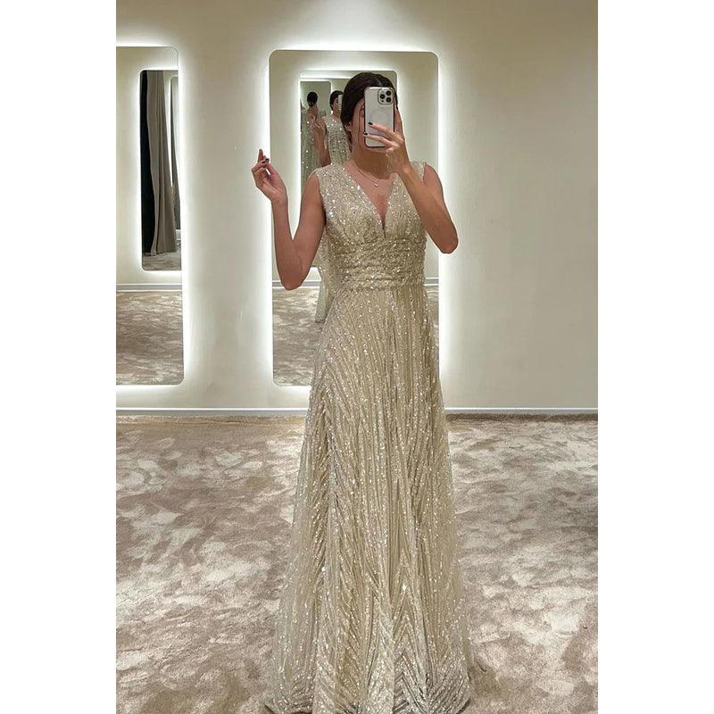 Vestido de noche largo de fiesta con escote en V, lentejuelas y cuentas fruncidas, corte A
