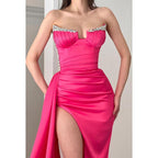 Strapless Beaded Ruched Satin Sheath Long Prom Gown With Slit