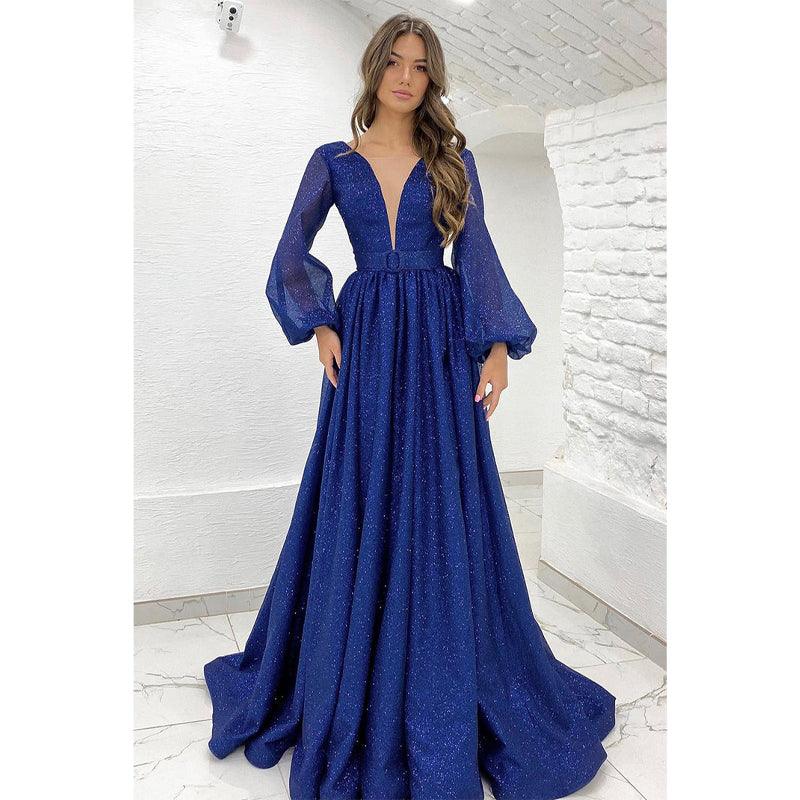 Vestido de fiesta brillante de corte A con mangas largas y escote en V pronunciado