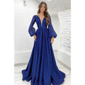Vestido de fiesta brillante de corte A con mangas largas y escote en V pronunciado