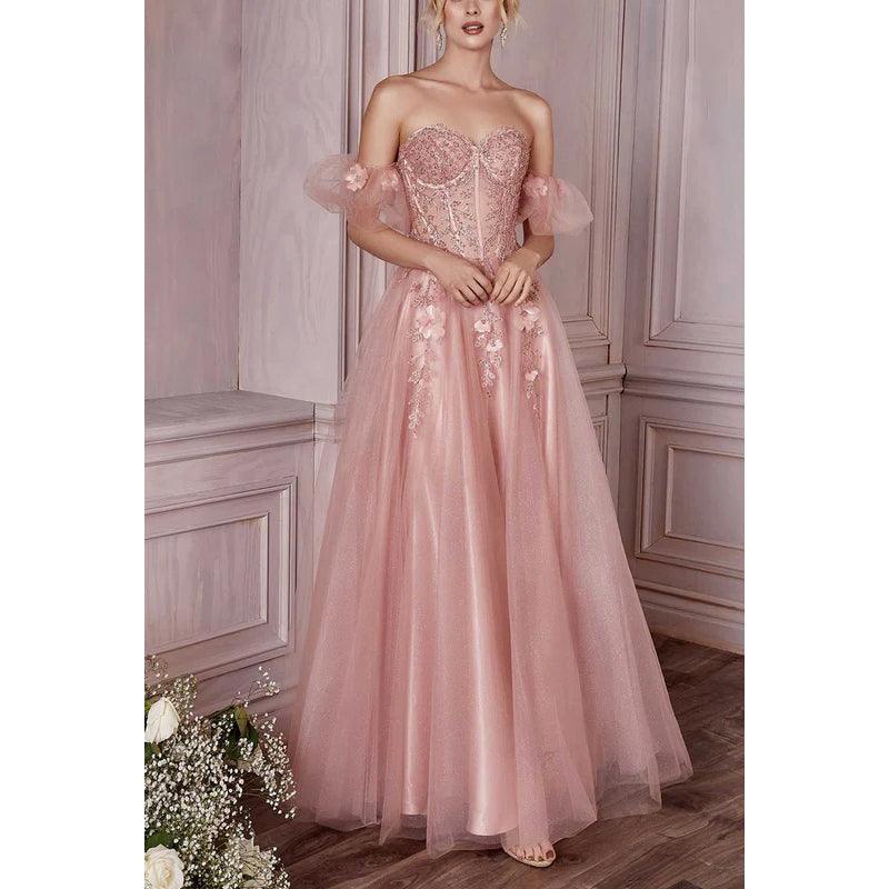Vestido de fiesta largo de tul fruncido con apliques florales, sin tirantes y escote en forma de A