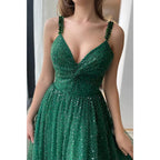 Vestido de fiesta largo verde brillante con lentejuelas y tirantes finos para mujer con bolsillos 