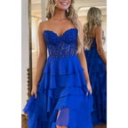 Sweetheart Strapless A-line Appliques Tiered Party Prom Evening Dress