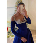 Glamouröses und dramatisches A-Linien-Abendkleid mit langen Ärmeln, Strass-Trägern und Ballkleid