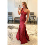 Vestido de fiesta burdeos con lentejuelas y un solo hombro único 