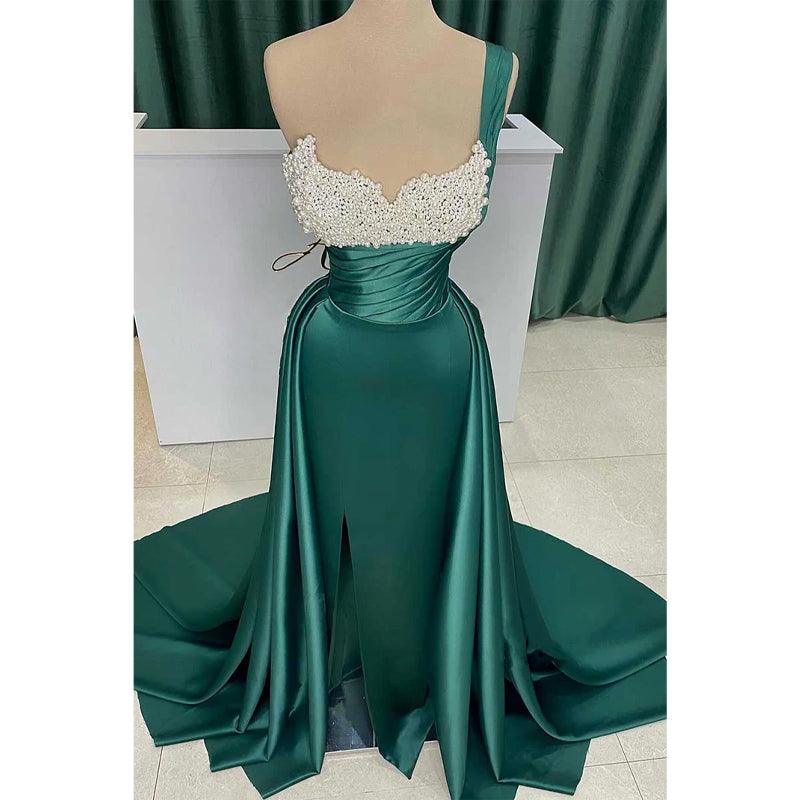 Vestido de noche de satén con hombros descubiertos, cuentas y cola desmontable para fiesta de graduación 