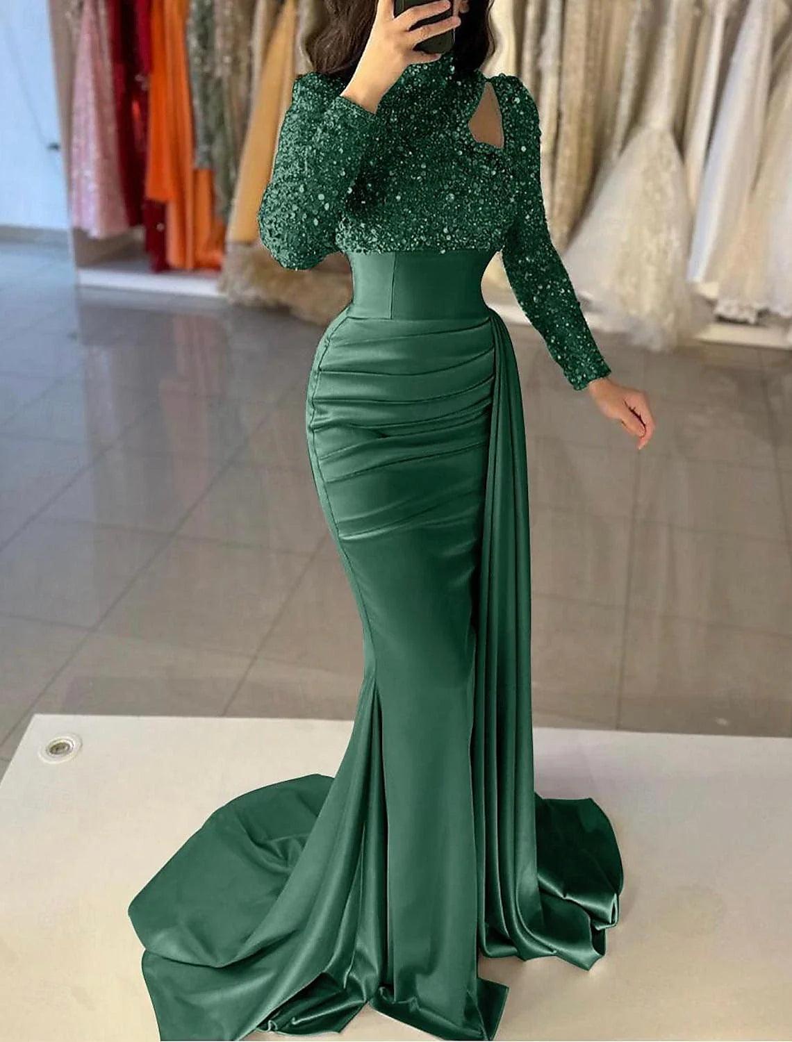 Meerjungfrauenkleid, elegantes formelles Abendkleid mit Schleppe, langen Ärmeln, hohem Halsausschnitt, Satin mit Perlen und Pailletten