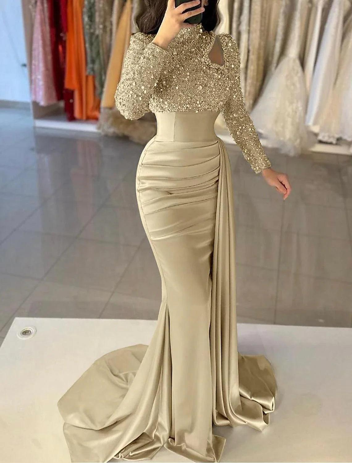 Meerjungfrauenkleid, elegantes formelles Abendkleid mit Schleppe, langen Ärmeln, hohem Halsausschnitt, Satin mit Perlen und Pailletten