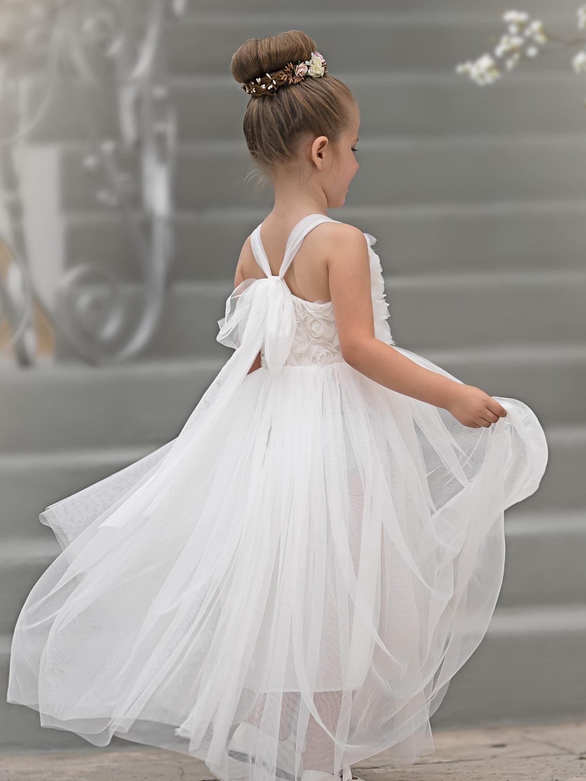 Enchanted Garden Girl Baby Toddler 3D Flower Embellishment Floral Applique Tulle Bow Dress
