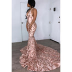 Vestido de noche largo de sirena de satén con escote en V, halter, sin espalda y lentejuelas