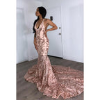 Vestido de noche largo de sirena de satén con escote en V, halter, sin espalda y lentejuelas